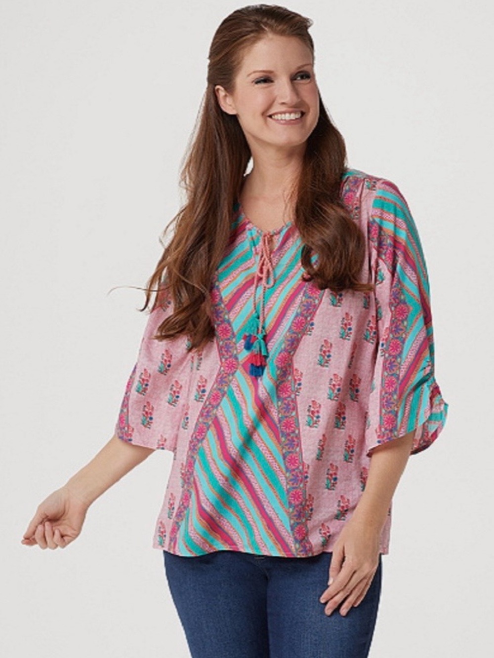 Tolani Collection Pink Blue Edith Rose Tassel Tie Split Neck Tunic Sz XS
